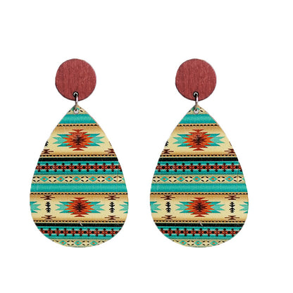 Green and Red Wood Geometric Teardrop Earrings, drop earrings for women, vintage-inspired design, front view
