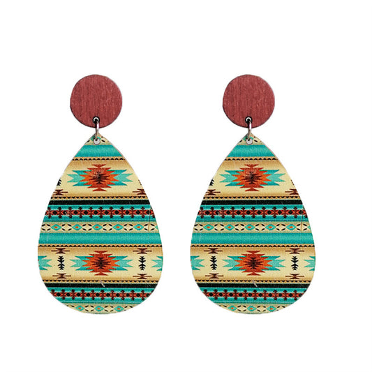 Green and Red Wood Geometric Teardrop Earrings, drop earrings for women, vintage-inspired design, front view