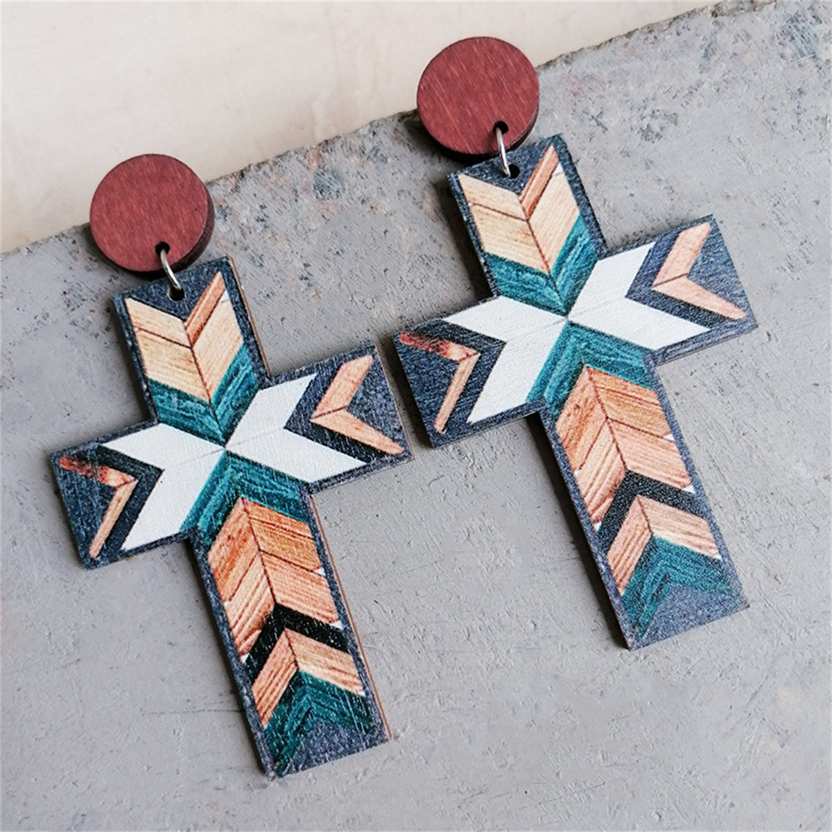 Blue and Brown Cross Wood Drop Earrings, drop earrings for women, botanical inspired, side view