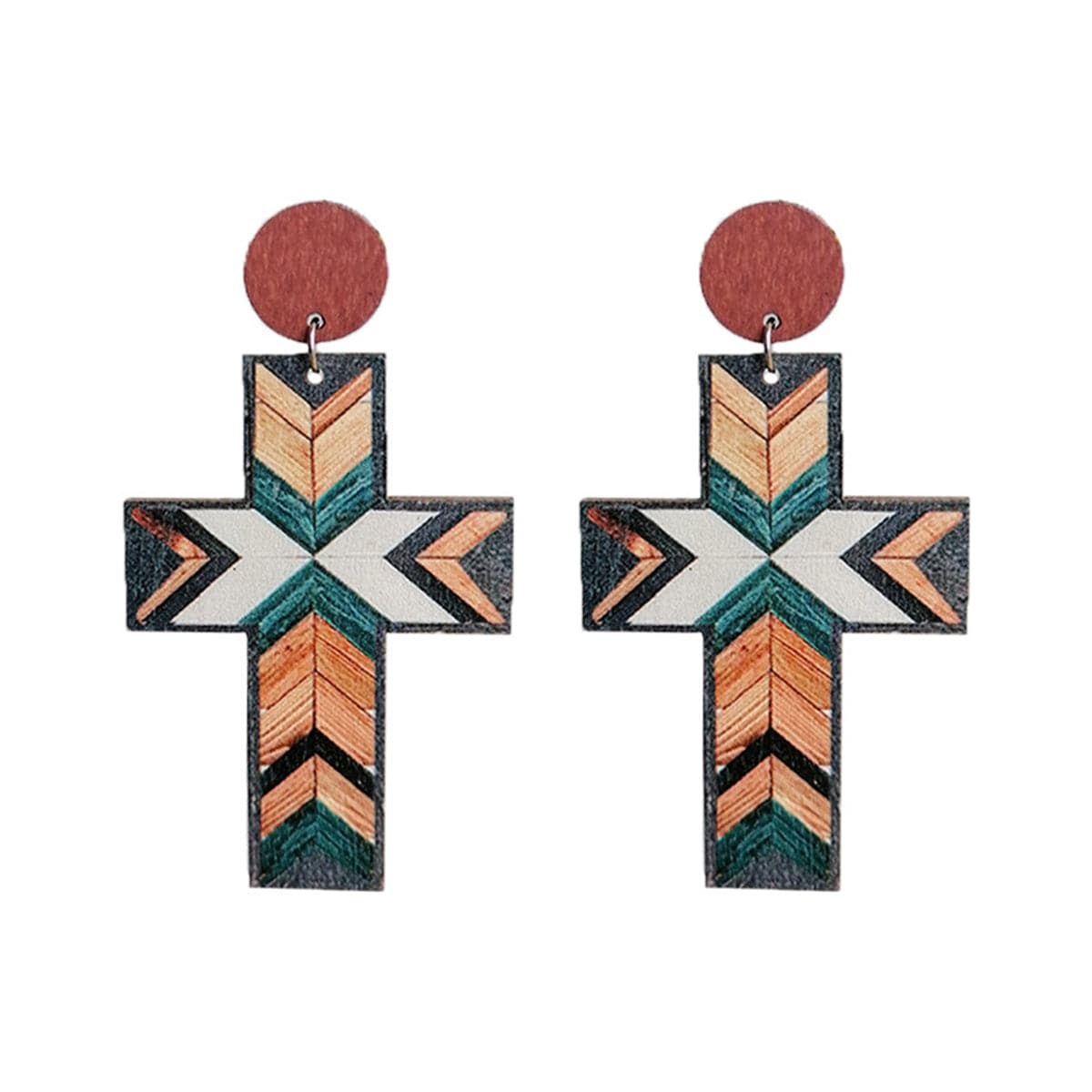 Blue and Brown Cross Wood Drop Earrings, drop earrings for women, botanical inspired, front view