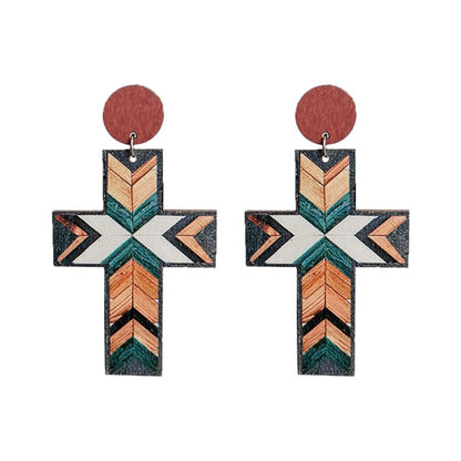 Blue and Brown Cross Wood Drop Earrings, drop earrings for women, botanical inspired, front view