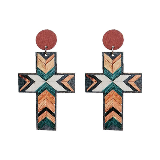Blue and Brown Cross Wood Drop Earrings, drop earrings for women, botanical inspired, front view
