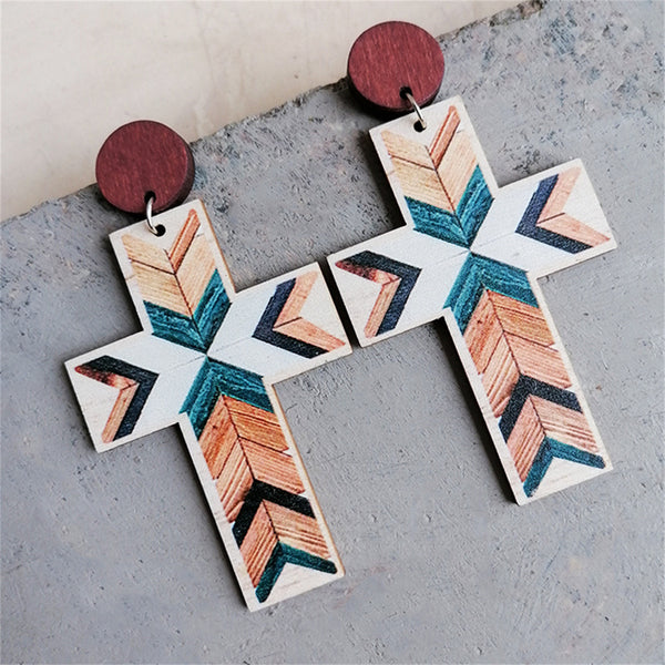 White & Blue Cross Wood Drop Earrings