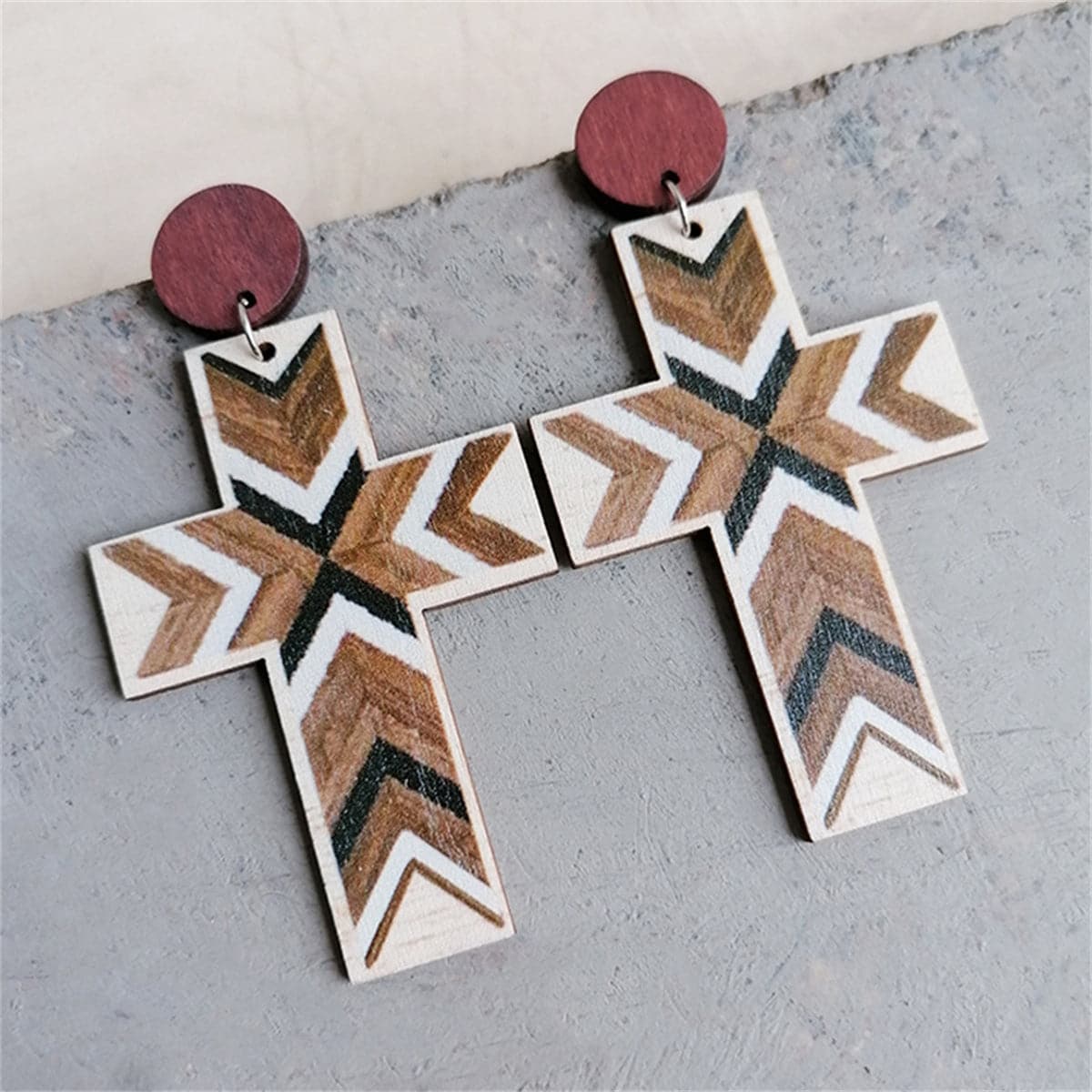 Brown and Green Cross Wood Drop Earrings, drop earrings for women, dainty minimalist design, front view