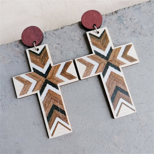 Brown and Green Cross Wood Drop Earrings, drop earrings for women, dainty minimalist design, front view