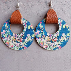 Blue & Pink Floral Wood Round Drop Earrings