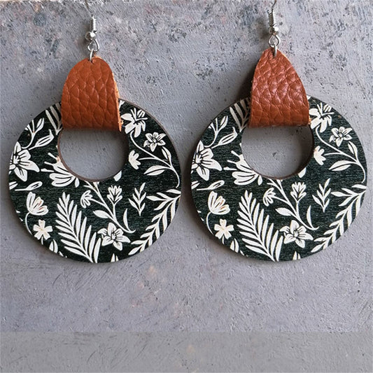 Black and White Floral Wood Round Drop Earrings, drop earrings for women, botanical inspired, front view