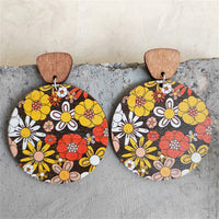 Red & Yellow Wood Floral Painted Round Drop Earrings