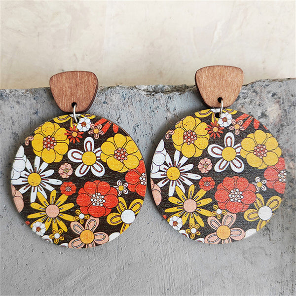 Red & Yellow Wood Floral Painted Round Drop Earrings