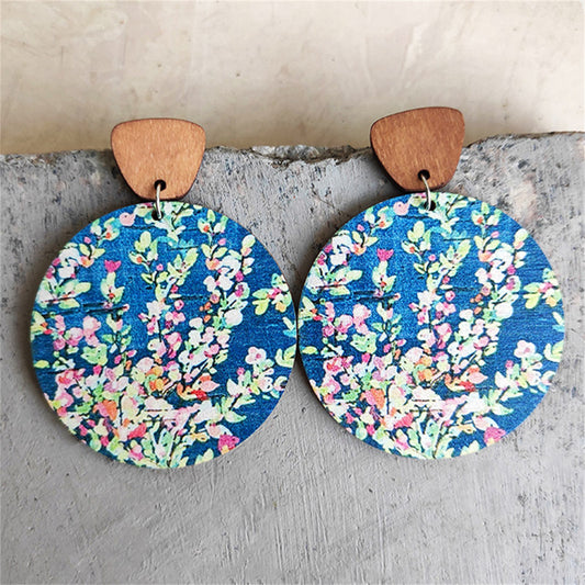 Blue and Green Wood Floral Painted Round Dangle Earrings, drop earrings for women, vintage-inspired design, front view
