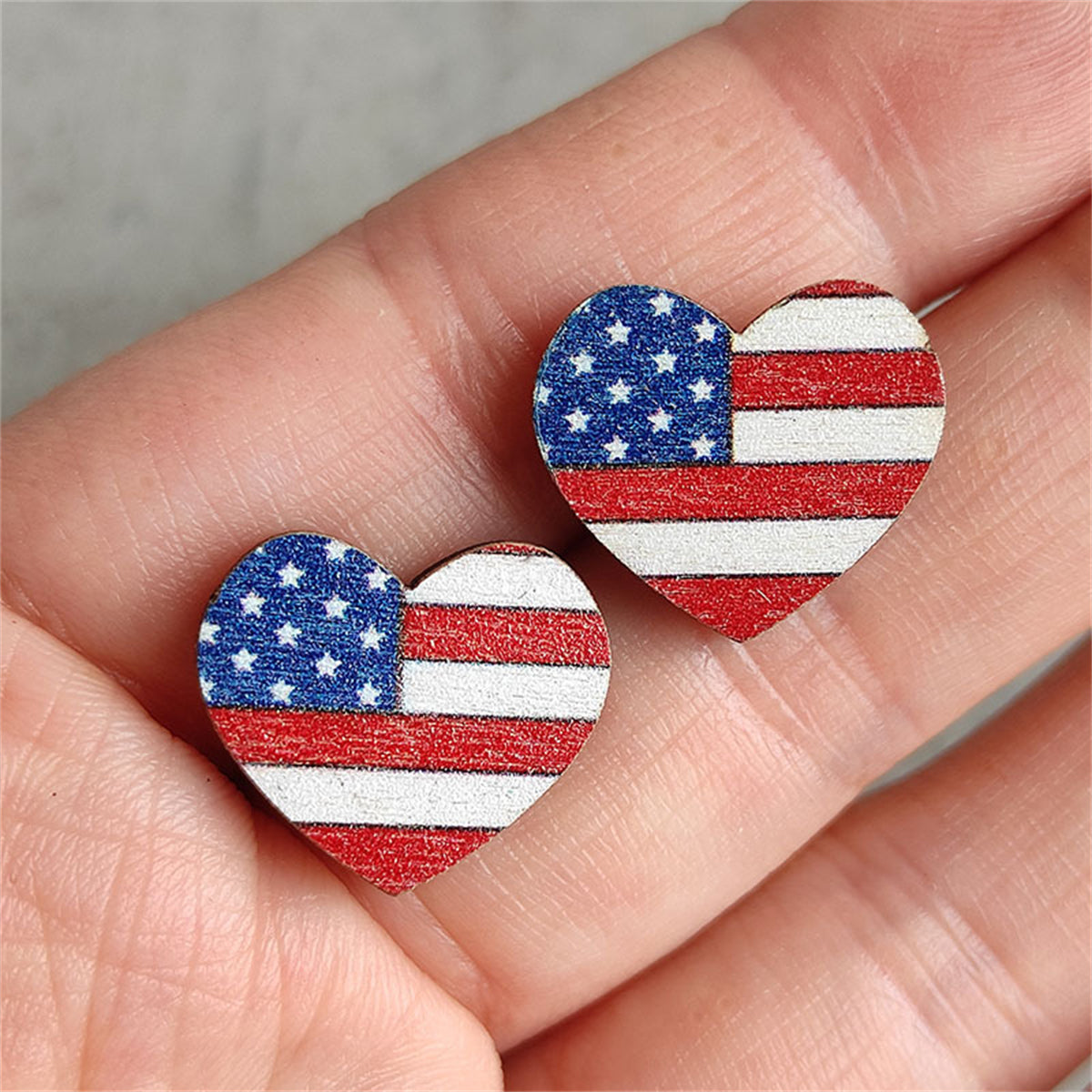 Red and White American Flag Heart Stud Earrings, stud earrings for women, botanical inspired, front view