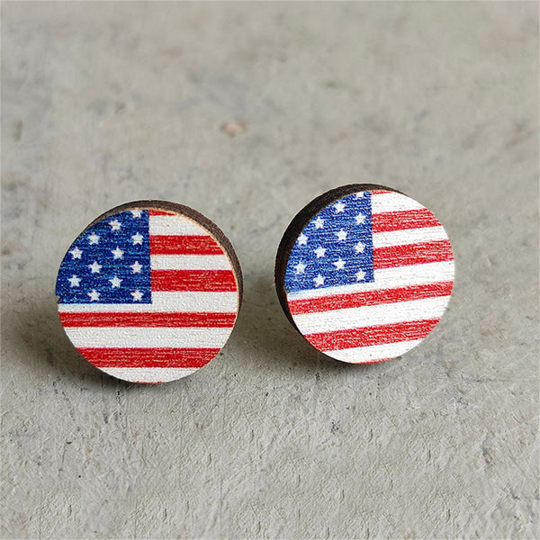 Red Multicolor Wood & Silver-Plated Flag Round Stud Earrings