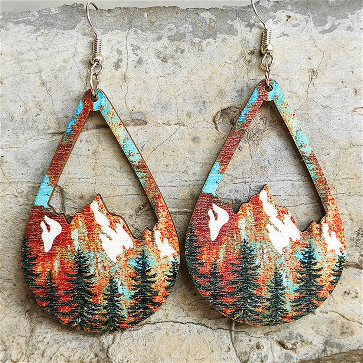 Red Wood and Silver-Plated Spring Mountain Drop Earrings, silver drop earrings for women, botanical inspired, front view