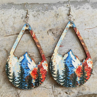 Red & Blue Wood Winter Mountain Teardrop Earrings
