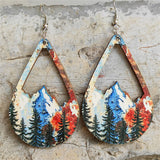 Red & Blue Wood Winter Mountain Teardrop Earrings