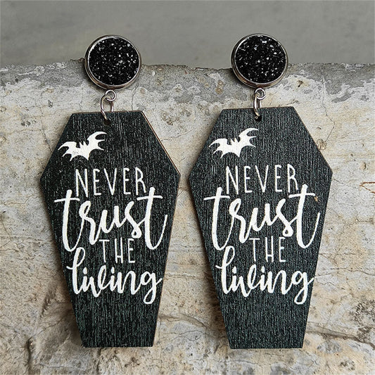 Black Wood and Silver-Plated 'Never Trust The Living' Coffin Drop Earrings, silver drop earrings for women, front view