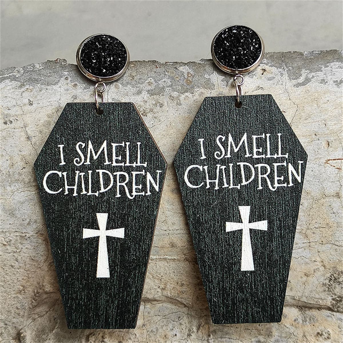 Black and Silver-Plated 'I Smell Children' Coffin Drop Earring, silver drop earrings for women, front view