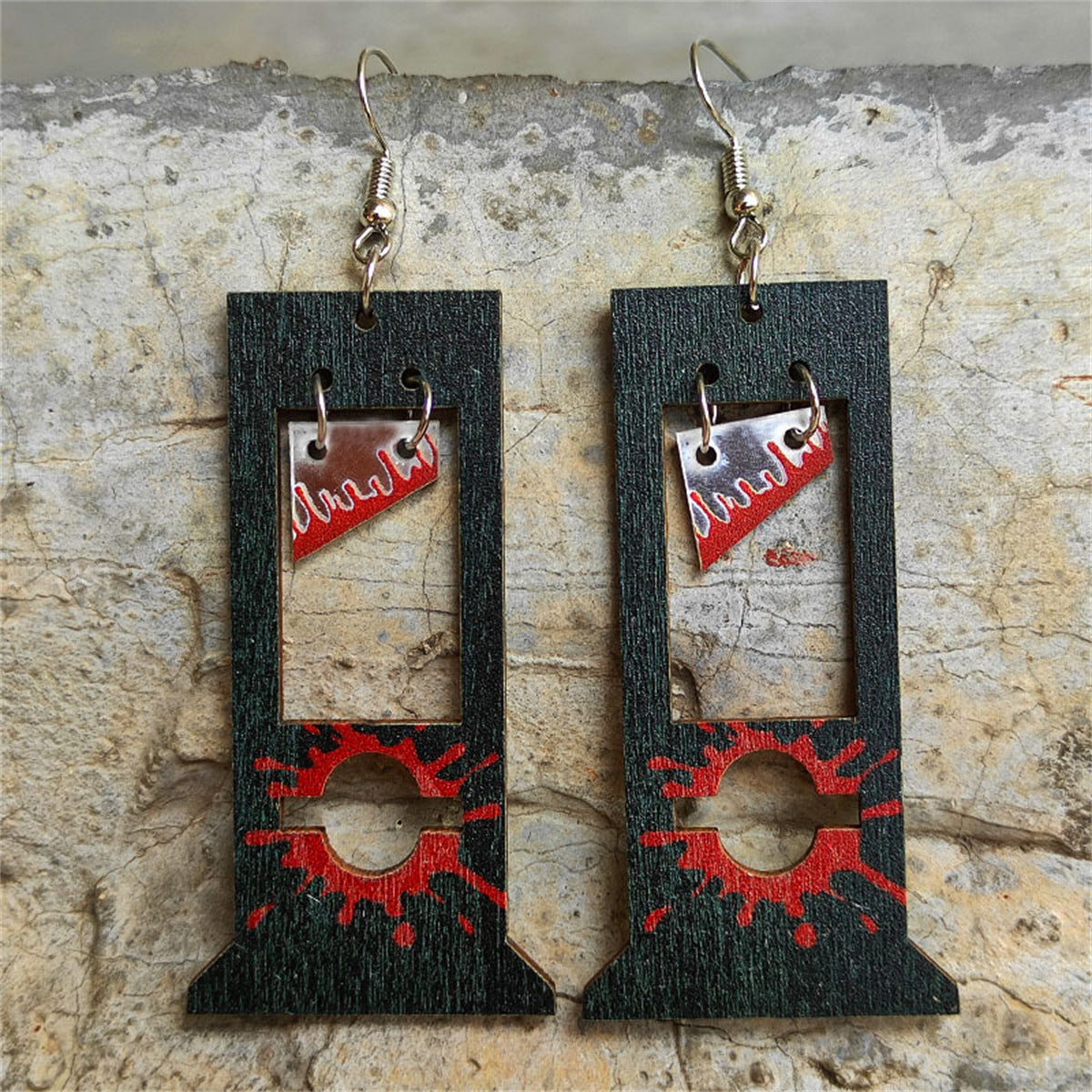 Black Wood and Silver-Plated Guillotine Drop Earring, silver drop earrings for women, everyday style, front view
