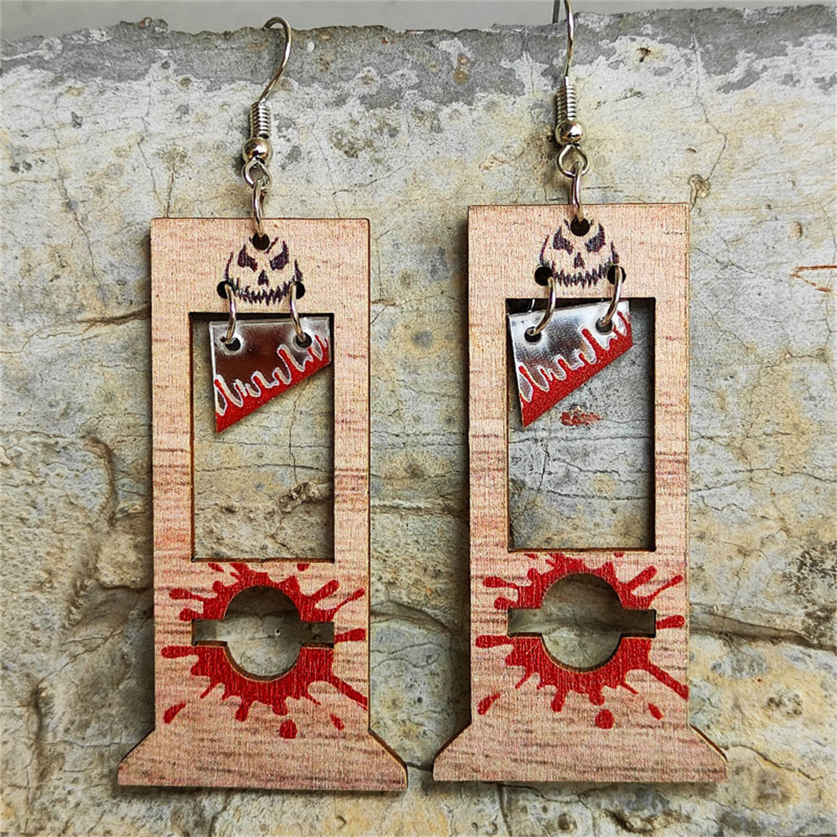 Wood and Silver-Plated Guillotine Drop Earring, silver drop earrings for women, dainty minimalist design, front view