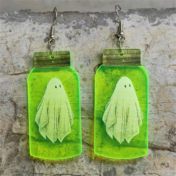Green & Silver-Plated Glow-in-Dark Ghost Specimen Drop Earrings