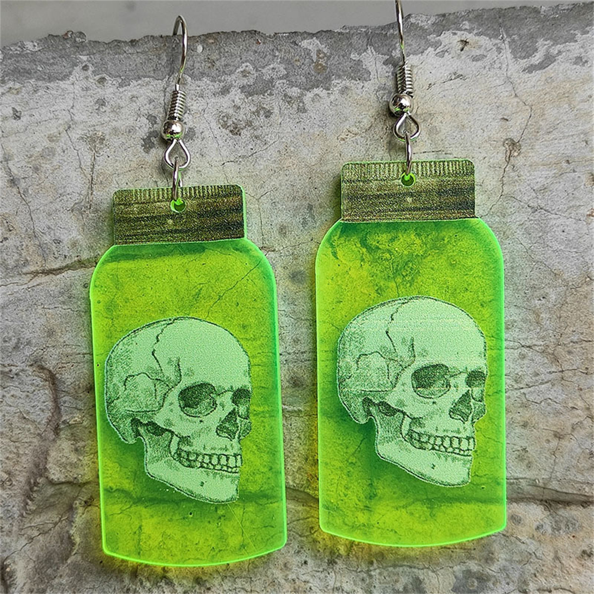 Green Acrylic and Silver-Plated Glow-In-Dark Skull Specimen Drop Earrings, silver drop earrings for women, front view