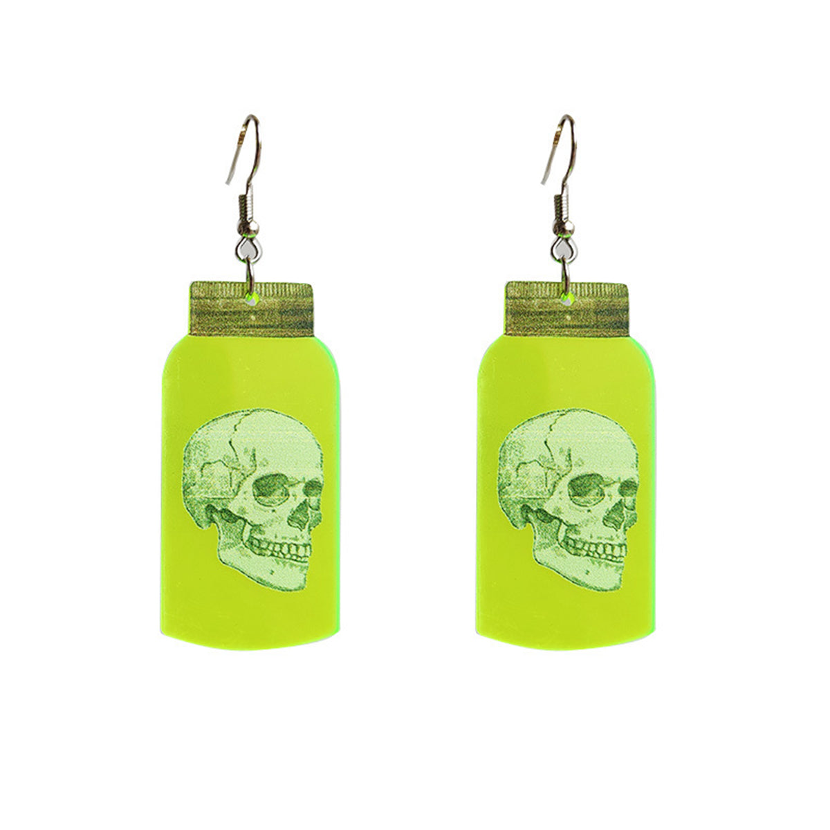 Green Acrylic and Silver-Plated Glow-In-Dark Skull Specimen Drop Earrings, silver drop earrings for women, side view