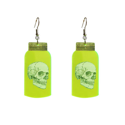 Green Acrylic and Silver-Plated Glow-In-Dark Skull Specimen Drop Earrings, silver drop earrings for women, side view