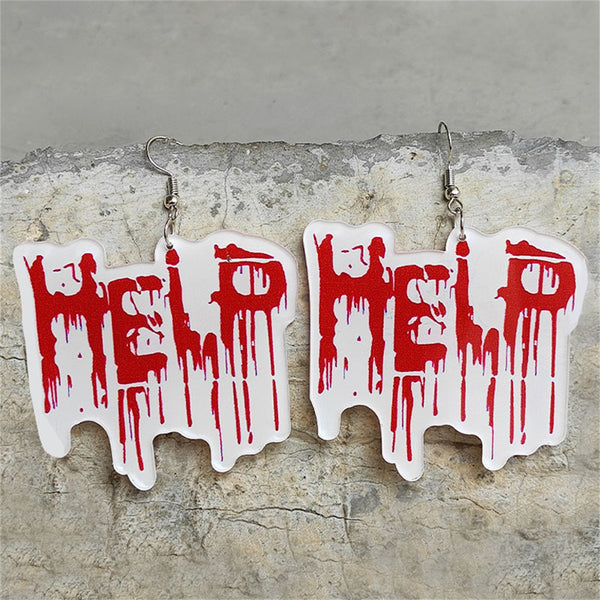 Red & Silver-Plated Blood 'Help' Drop Earrings