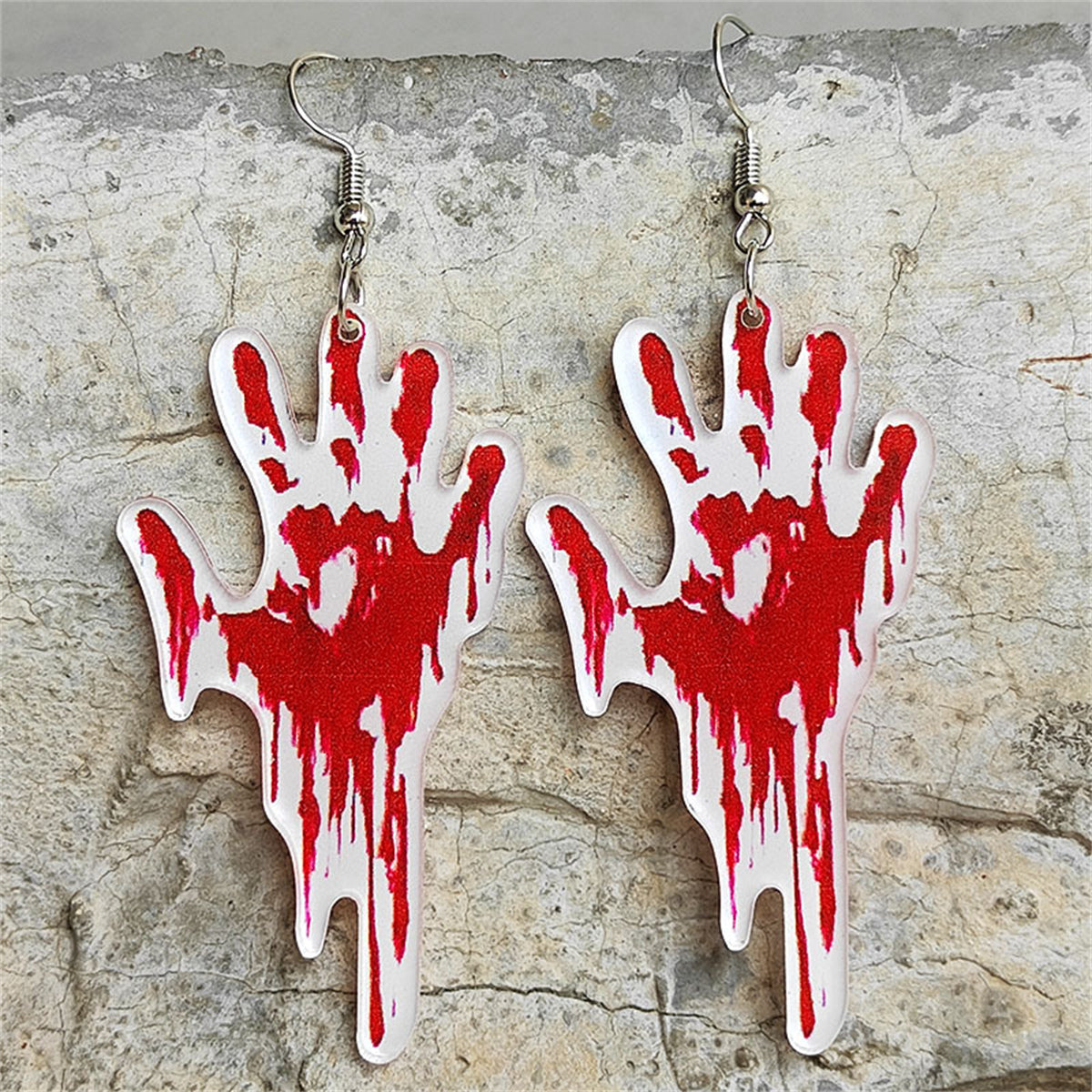 Red Acrylic and Silver-Plated Blood Palm Drop Earring, silver drop earrings for women, botanical inspired, front view