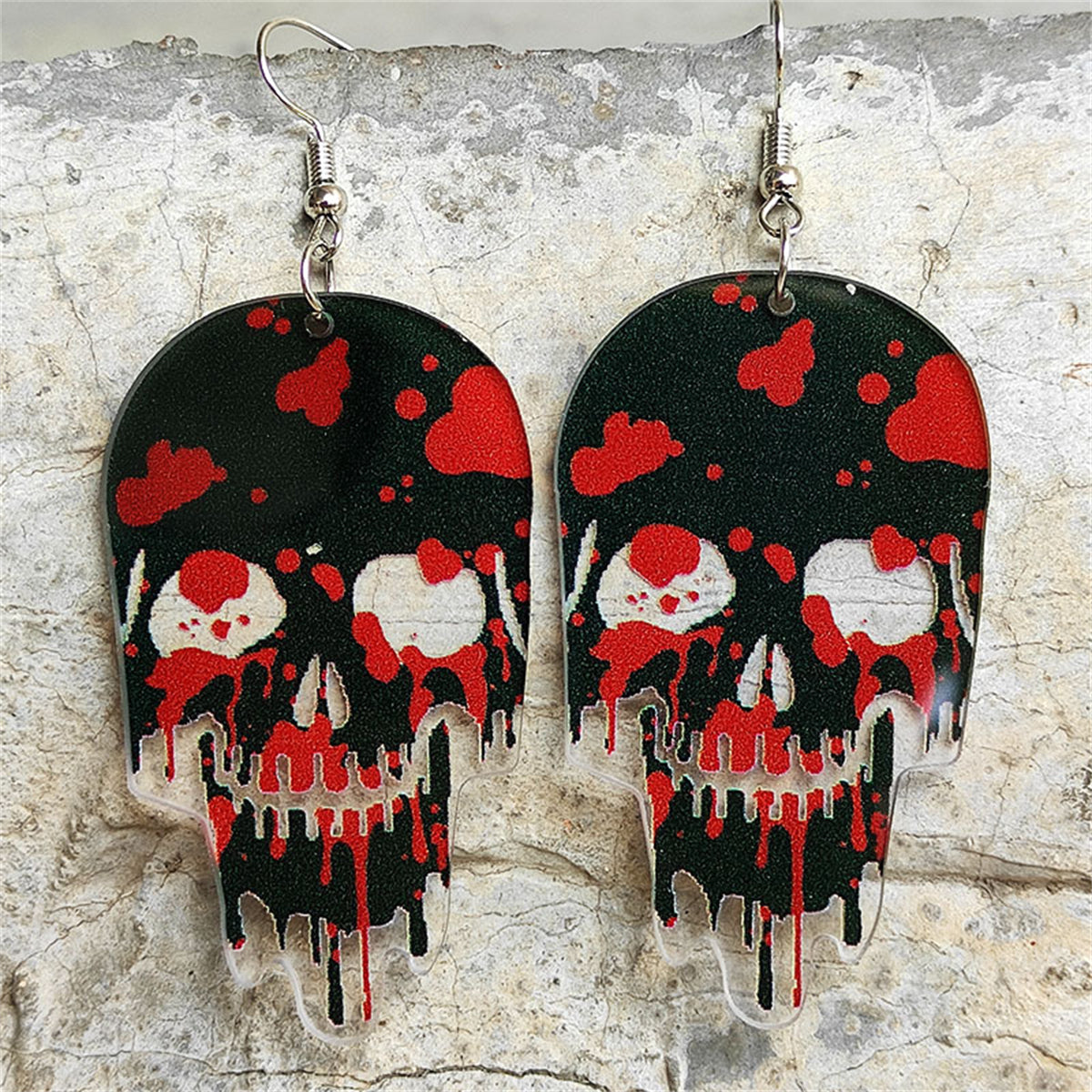 Red and Silver-Plated Blood Skull Drop Earring, silver drop earrings for women, dainty minimalist design, front view