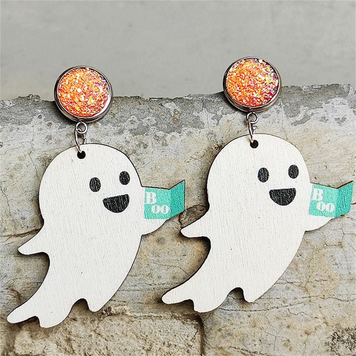 White Wood and Silver-Plated Ghost Drop Earrings, silver drop earrings for women, dainty minimalist design, front view