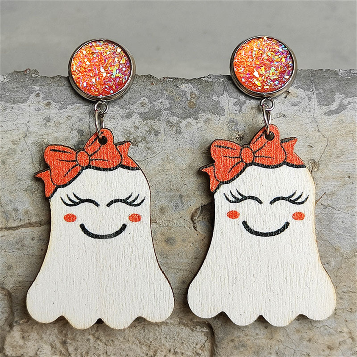 White & Orange Wood Drusy MS.Ghost Drop Earrings