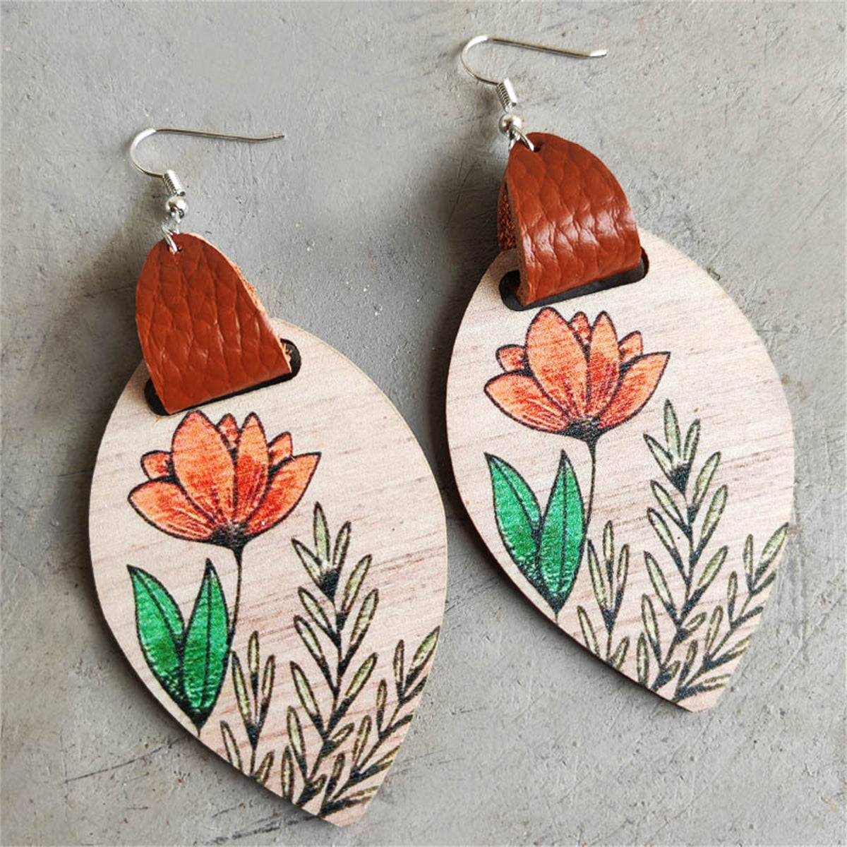 Brown Wood and Silver-Plated Tulip Drop Earrings, silver drop earrings for women, dainty minimalist design, front view