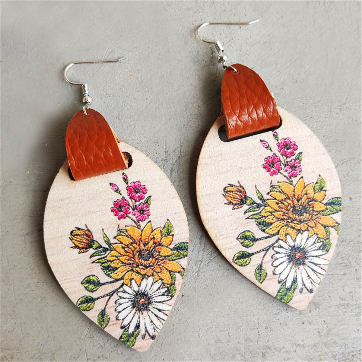 Red and White Floral Wood Drop Earrings, drop earrings for women, everyday style, front view