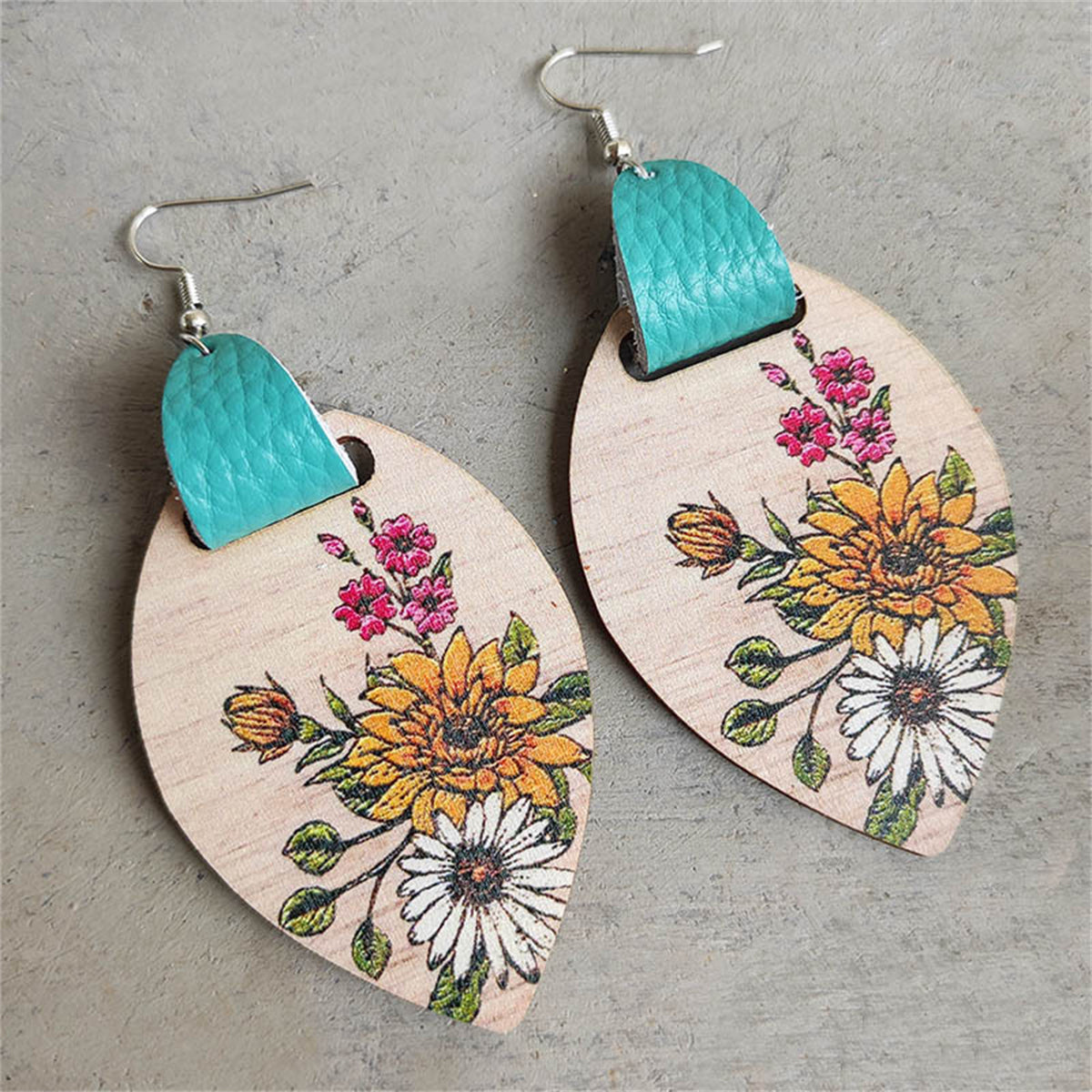 Brown Wood and Polystyrene Silver-Plated Mum Drop Earrings, silver drop earrings for women, front view