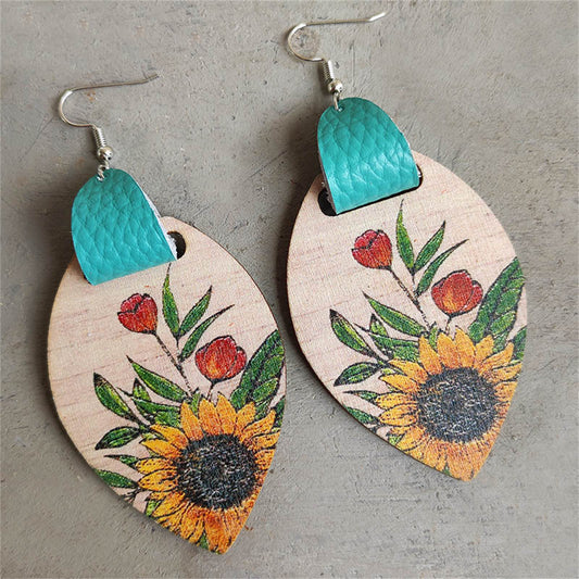 Brown Multicolor Wood and Silver-Plated Sunflower Drop Earrings, silver drop earrings for women, everyday style, front view