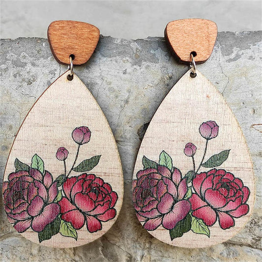 Brown and Red Rose Floral Wood Drop Earrings, drop earrings for women, botanical inspired, front view