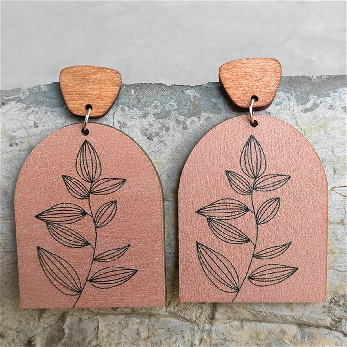 Brown and Black Delicate Plant Wood Drop Earrings, drop earrings for women, botanical inspired, front view