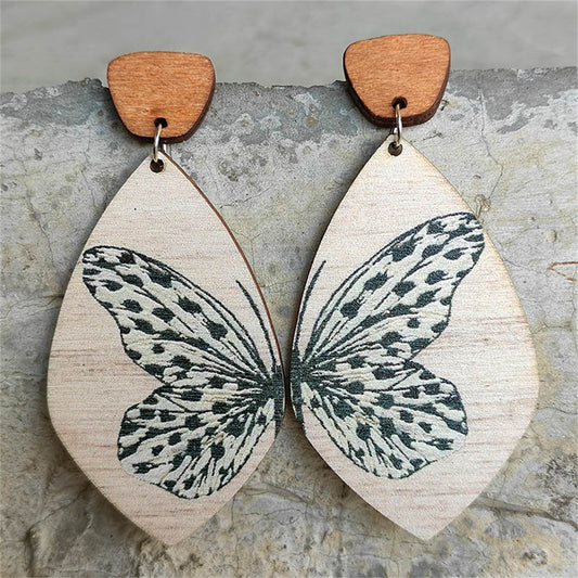 Brown Wood and Silver-Plated Butterfly Drop Earrings, silver drop earrings for women, botanical inspired, front view
