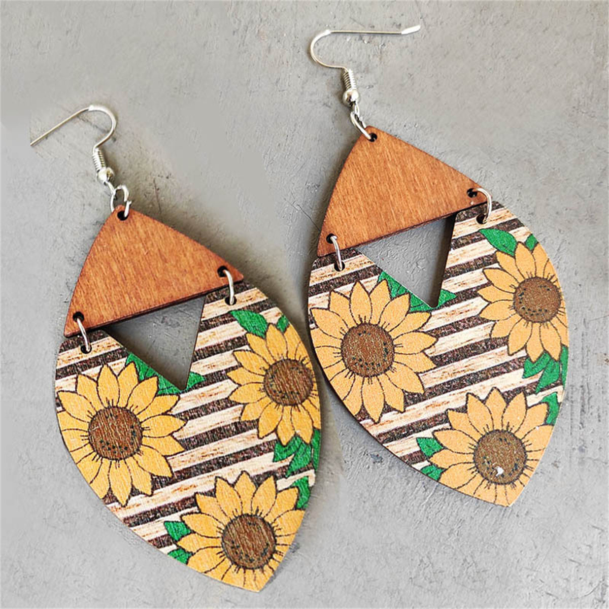 Yellow Wood and Silver-Plated Stripped Mum Drop Earrings, silver drop earrings for women, botanical inspired, front view