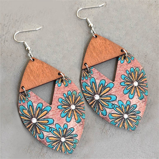 Pink Wood and Silver-Plated Stripped Blue Mum Drop Earrings, silver drop earrings for women, front view
