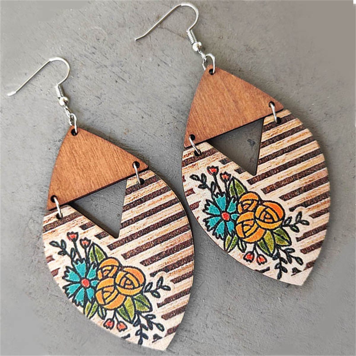 Brown and Yellow Wood Stripe Floral-Accent Drop Earrings, drop earrings for women, vintage-inspired design, front view