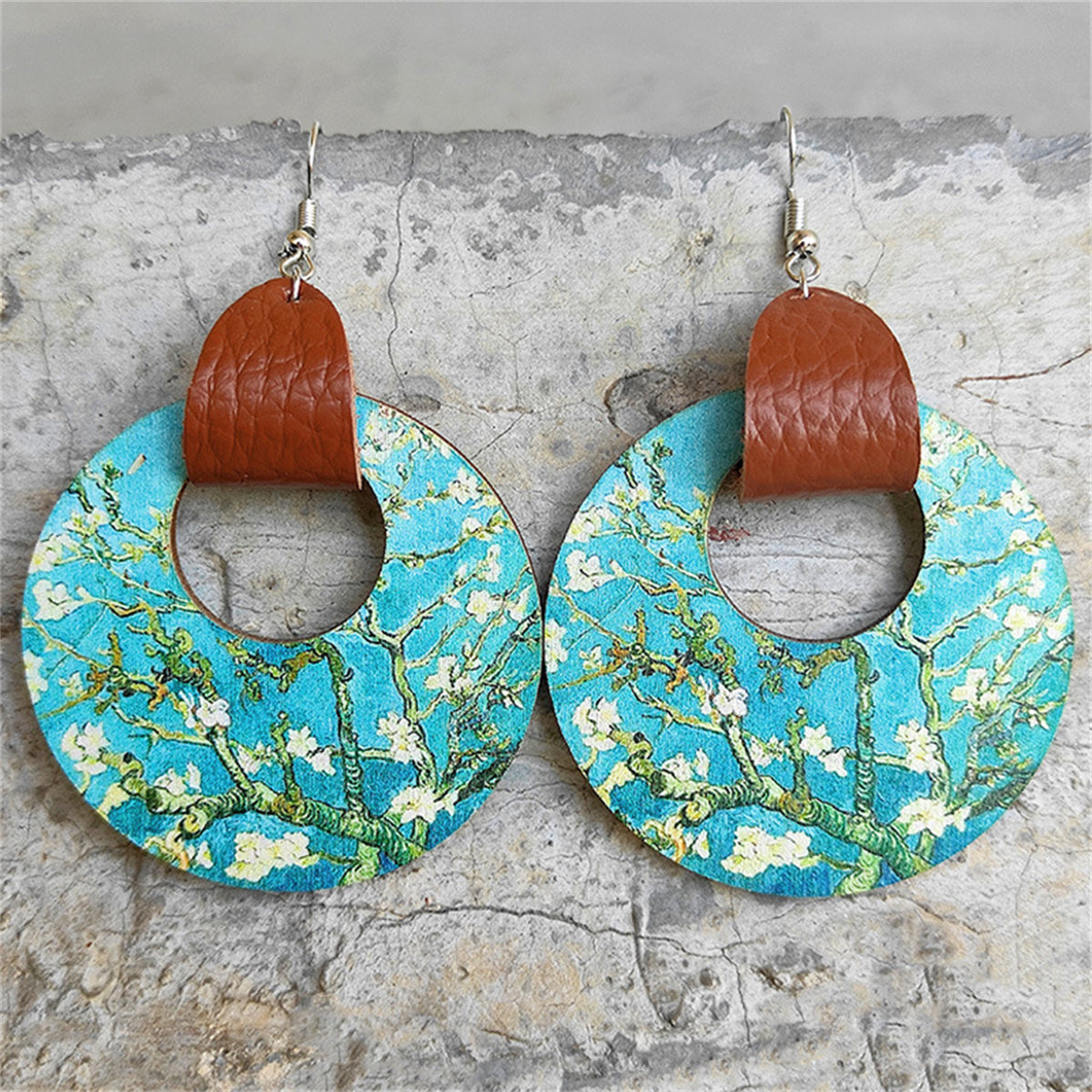 Blue Wood and Silver-Plated Cherry Tree Round Drop Earrings, silver drop earrings for women, everyday style, front view