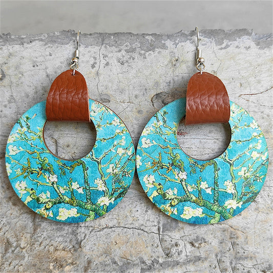 Blue Wood and Silver-Plated Cherry Tree Round Drop Earrings, silver drop earrings for women, everyday style, front view