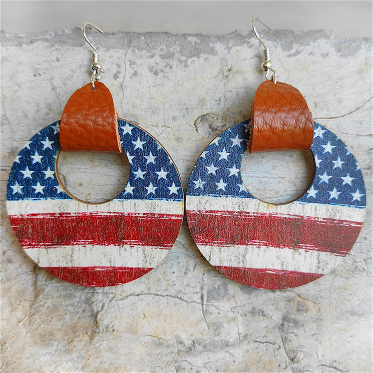 Red and Blue Stars and Stripes Wood Drop Earrings, drop earrings for women, everyday style, front view