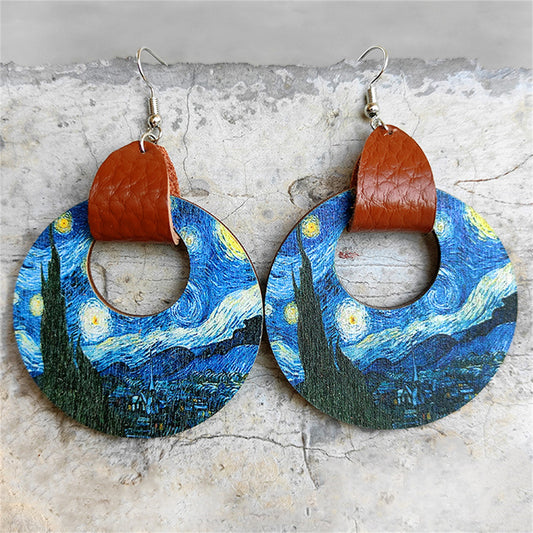 Blue and Brown Starry Swirls Wood Drop Earrings, drop earrings for women, botanical inspired, front view