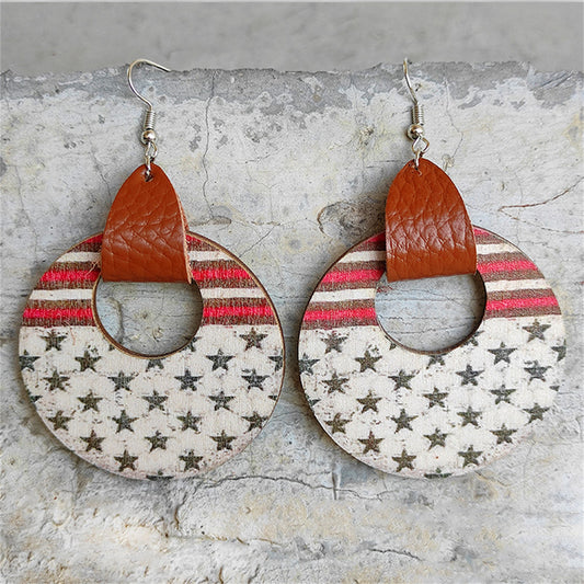 Red and Brown Star Stripe Wood Drop Earrings, drop earrings for women, elegant gift for her, front view