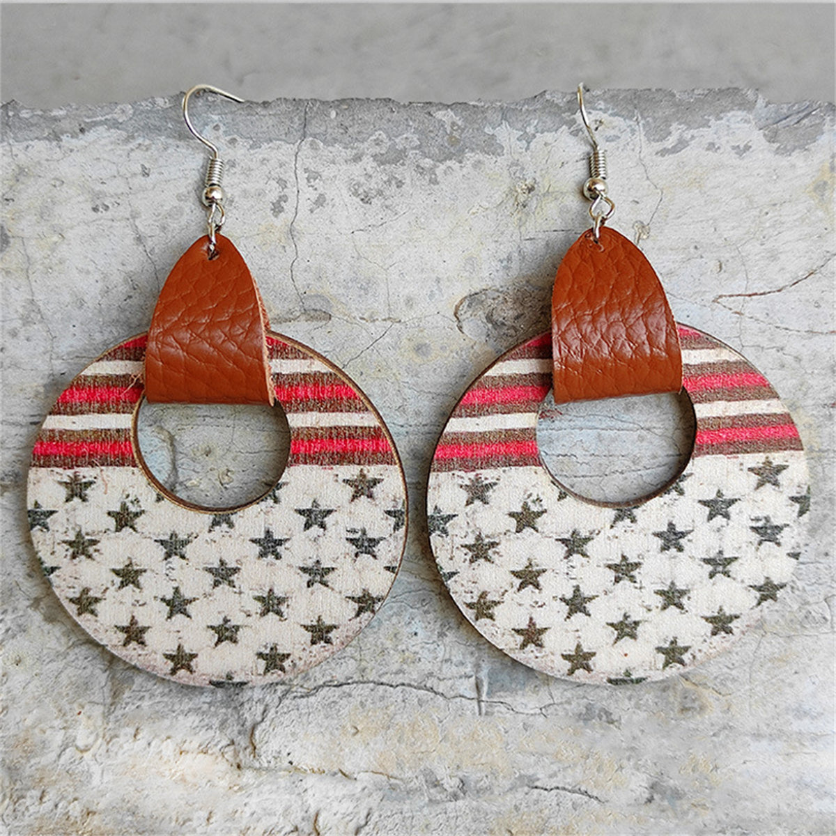 Red & Brown Star Stripe Wood Drop Earrings