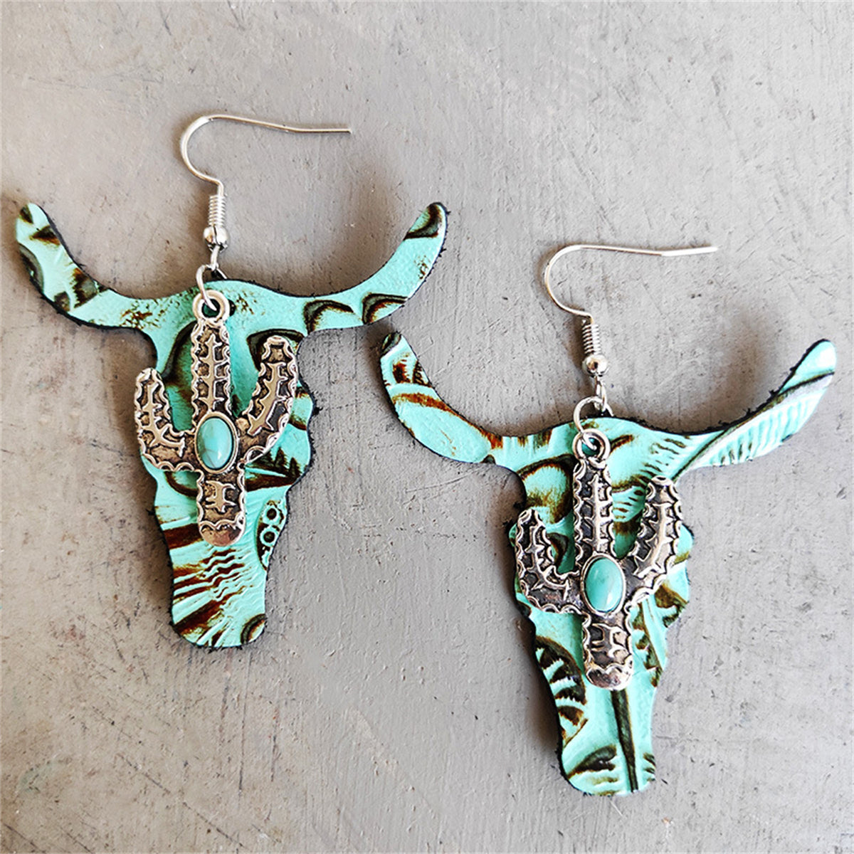 Aqua and Turquoise Cattle Cactus Drop Earrings, drop earrings for women, dainty minimalist design, front view