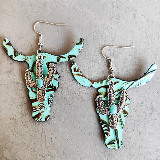 Aqua and Turquoise Cattle Cactus Drop Earrings, drop earrings for women, dainty minimalist design, front view